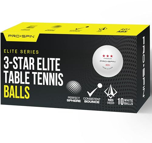 PRO SPIN Balles de Ping-Pong Elite Series Balle de Ping Pong 3 Étoiles Blanches - Balles de Tennis de Table 40+ en ABS Haute Performance de Niveau Tournoi - Sphère Parfaite, Rebond Précis, Durables