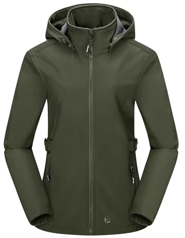 Outdoor Ventures Women’s Waterproof Softshell Jacket with Datachable Hood Fleece Lined Outdoor Jacket Ladies Hiking Short Coat Casual Outerwear Jacket Hiking Camping Olive Green M