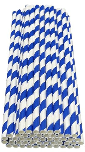 Haobase 50 pajitas de papel biodegradables para beber cócteles, café, bebidas frías (rayas blancas/azul oscuro)