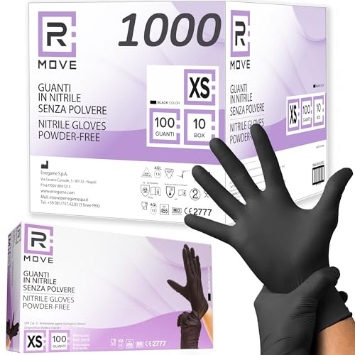 R MOVE 1000 Einweghandschuhe Schwarz, Nitrilhandschuhe, einmalhandschuhe puderfrei & latexfrei, handschuhe einweg für Mechaniker, Tätowierer, Kosmetikerinnen (Schwarz, XS)