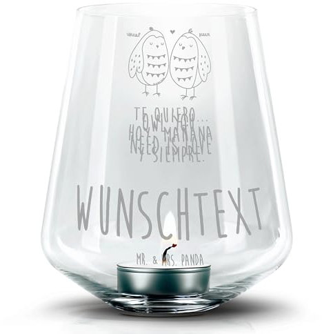 Mr. & Mrs. Panda Personalisiertes Gravur Windlicht Eulen Liebe - Personalisierte Geschenke, Graviertes Mit Namen, Liebesspruch, Laterne Namensgravur, Hochzeit Spruch, Vintage, Eule, Hochzeitswindlicht