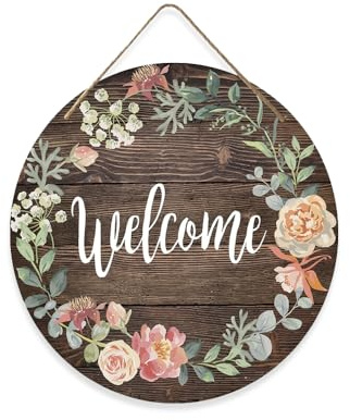 HIOQFR Türschild Willkommensschild Haustür Frühling Welcome Schild Dtürschilder Vintage Zuhause Herzlich Willkommen Schild Holz Rund Türdeko zum Aufhängen Türhänger Deko für Ostern Deko