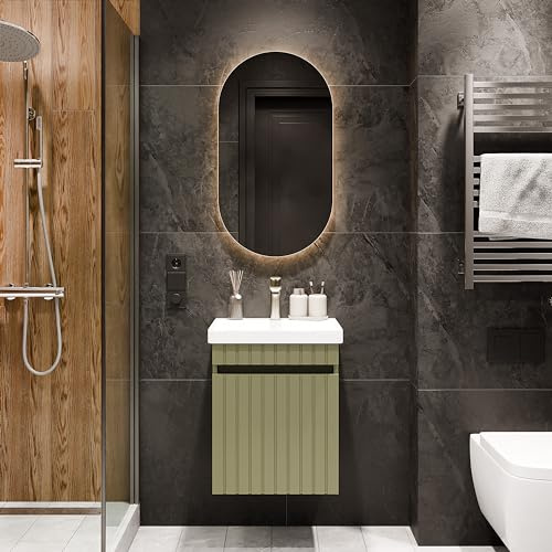 Planetmöbel Cosmia Badmöbel Set Waschbecken mit Unterschrank | 50 x 60 x 35 cm Mint Grün, Spiegel mit Beleuchtung 50 cm, Armatur Badezimmer gold brush, Keramik Waschtisch mit Schublade