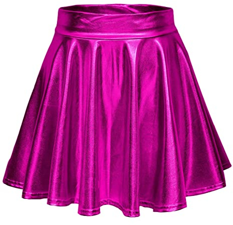 EXCHIC Dam glänsande metallisk våt look stretchig utsvängd mini skater-kjol, Rosa, XS