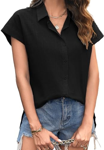 Zeagoo Muslinblus damer sommar kortärmad linneblus ledig v-ringad sommarblus 100 % bomull överdimensionerad skjorta blus elegant linneblusar, A-svart, S