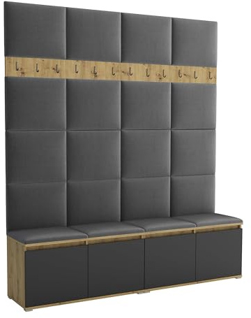 Brent - Garderobenschrank Flur Artisan Eiche Schwarz mit sitzbank 200 cm Breit Luton 2 - Multifunktionale Flurgarderobe Set mit Stauraum und Wandpaneel, Garderobe mit Sitzfläche und Kleiderhaken