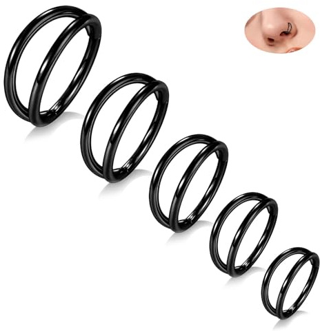 hengkaixuan 18G Helix-Ohrringe, Knorpelschmuck, doppelte Nasenringe, schwarzer Septumschmuck, chirurgischer Stahl, Daith-Ohrringe, Rook, Tragus, Lippe, Conch, Lobe, Creolen, 5 Stück
