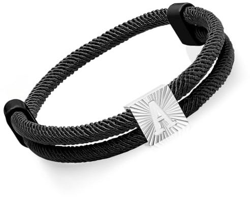 Bracelet en corde de voile pour homme avec lettres - Bracelet de surf en nylon noir avec initiale A-Z - Bracelet de surfeur réglable - Cadeau pour homme et garçon - Anniversaire de remise de diplôme