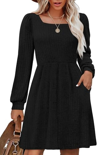 Aokosor Women Dresses Long Sleeve Jumper Dress Ladies Square Neck Tunic Dress with Pockets Knee Length Jumper Dress Size 14-16 Black L