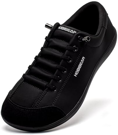 HOBIBEAR Chaussures pieds nus pour homme et femme | Zero Drop | Chaussures larges en cuir minimalistes pour trail, course, marche, Noir , 42 EU Large