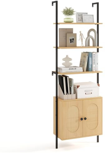 COSTWAY Estantería Escalera de Pared, Estantería de Ratán con 3 Niveles y Armario, Marco de Metal, Libreria Estrecha Salon Dormitorio Oficina Baño, Natural, 60 x 30 x 184 cm