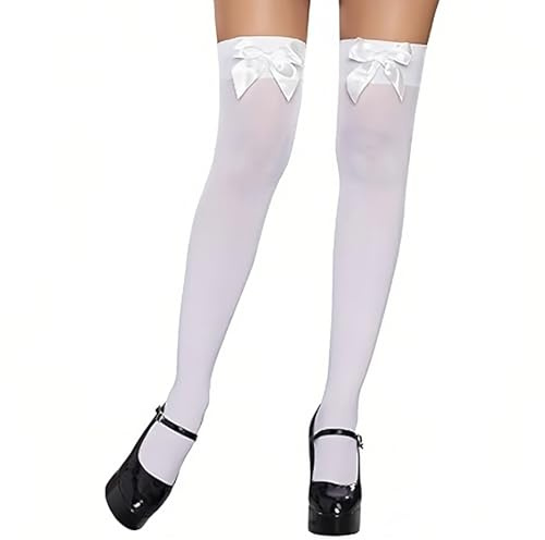 Makoto Nobu White Satin Bow Women's Opaque Thigh High Stockings, Over Knee Long Socks With White Bows, Hold Up Stockings Knee Tights for Women