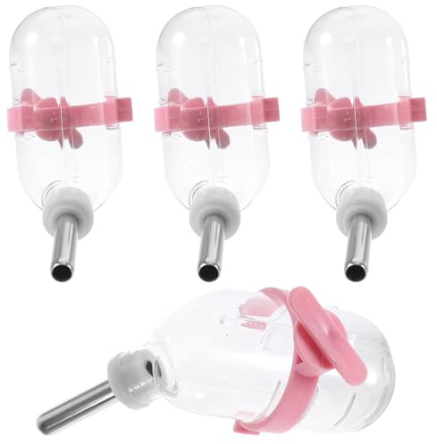 Mobestech 4pcs Stainless Steel Pet Drinking Bottles Hamster Water Container with Sealing Ring Easy to Observe Water Level Pink Plastic for Small Pets