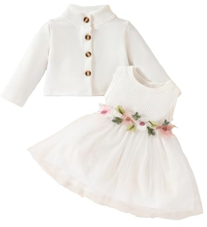 DivingBirds Vestido de niña y cárdigan para bebé, conjunto de 2 piezas, estampado floral, mariposa, vestidos de tul, manga larga, abrigo de gofre, ropa para niñas de 3 meses a 3 años