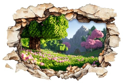 3D Wandtattoo im Block-Stil – Realistischer Durchbruch-Effekt | Pixel Wald Landschaft Wandsticker | Selbstklebende Vinyl Wanddeko für Gamer & Jungenzimmer