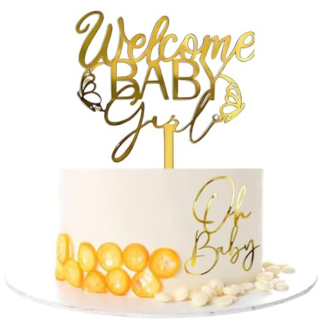 BAUCH Tortendeko Babyparty 2er Set Gold Acryl, Welcome Baby Girl & Oh Baby Torten Topper, Kuchenaufsatz für Baby Shower & Gender Reveal