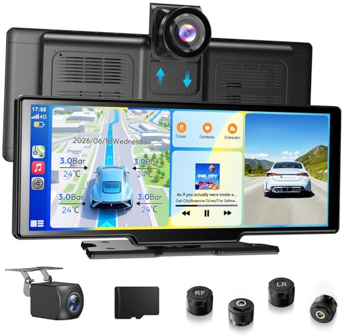 ESSGOO 10.26 Zoll CarPlay Android Auto Display Con Druckprüfung des Reifens | Apple Car Play Bildschirm,4K Dashcam,1080P Rückfahrkamera,Autoradio,64GB TF,Bluetooth 5.3,Mirror Link,GPS,Sprachsteuerung