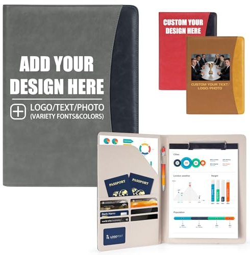 ENOMY Konferenzmappe A4 Leder personalisiert mit Reißverschluss, Dokumentenmappe Organizer Schreibmappe Portfolio Mappe mit Logo Text Bild, Business Bewerbungsmappe für Büro Meeting Reise (Grau)