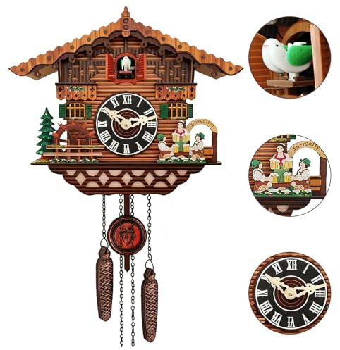 Clickovia Orologio a cucù fatto a mano in legno con uccello funzionante, orologio da parete con controllo del volume, orologio da parete al quarzo tradizionale antico, decorazione per soggiorno