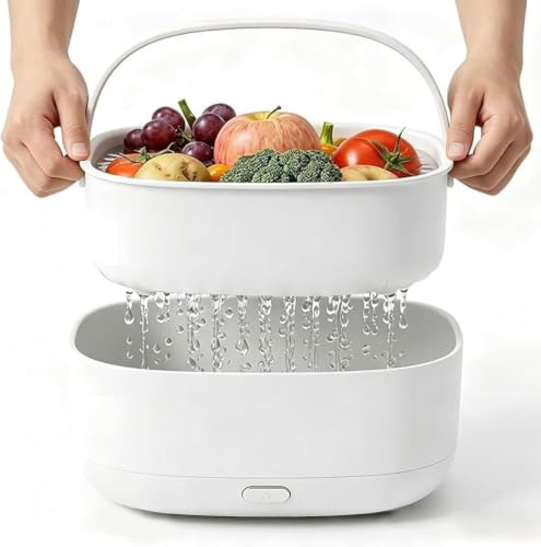Nettoyeur de fruits et légumes à ultrasons, sans fil | Avec panier de vidange à 2 niveaux, nettoyage en profondeur par micro-vibrations 100 Hz