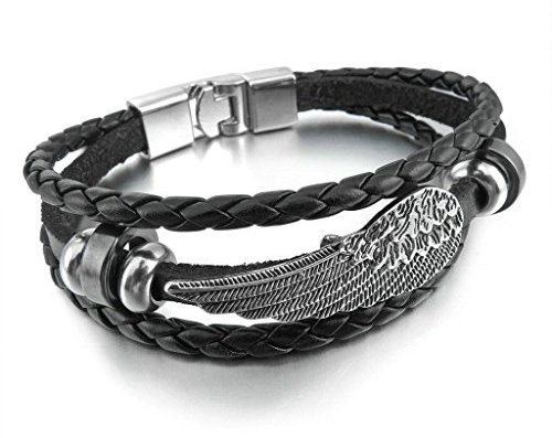 Adisaerl Lederarmbänder Herren Schwarz Silber Engel Flügel Edelstah Feather Geflochten Armreifen Charms Armband Biker