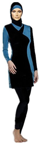 YEESAM Muslim Swimsuits for Women, Long Sleeve Islamic Burkini Modest Swimwear (Blue & Black, Asia 4XL)