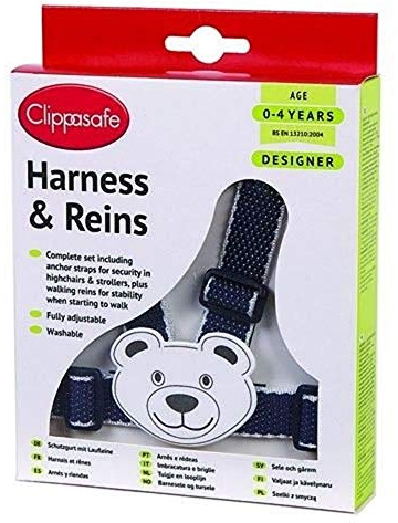 Clippasafe Kindergeschirr mit Laufleine, Teddy-Design (mit Befestigungslaschen) – Marineblau/Weiß