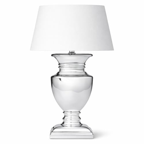 DRULINE Tischlampe mit Weißem Stoffschirm & silbernem Keramikfuß – 53 cm Nachttischlampe mit Kabelschalter – Platzsparende Tischleuchte für Schlafzimmer, Wohnzimmer, Büro – Dekolampe E27, Leselampe