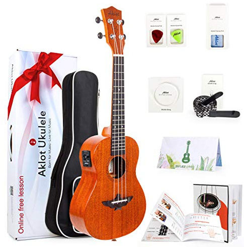 Aklot Concierto Eléctrico Ukelele Caoba Maciza de 23 Pulgadas Ukulele con Curso Gratuito Online,Sintonizador incorporado, kits de inicio