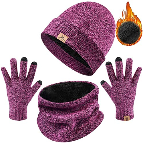 Tuopuda Men Women Hat Scarves Gloves Set Thermal Winter Warm Knitted Beanie Hat Neck Warmer and Touchscreen Gloves