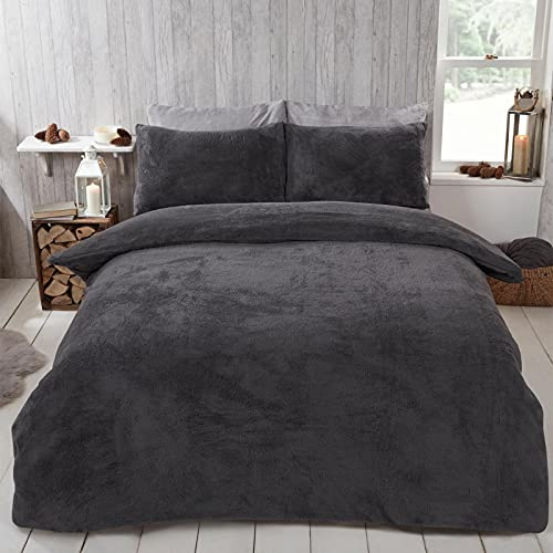 Brentfords Teddy Fleece Duvet Cover with Pillow Case Thermal Warm Soft Bedding Set, Charcoal Grey - Double