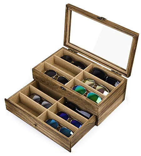 SRIWATANA Sunglasses Case Organizer for Women Men, 12 Slot Wood Eyeglass Eyewear Display Box with Glass Top, Mothers Day Gifts, Carbonized Black