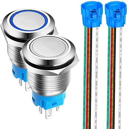 Gebildet 2Stücke 19mm Edelstahl Kurzzeitiger Drucktasten 12V-24V 5A LED 1NO1NC SPDT ON Off Wasserdichter Momentan Drück Knöpfe mit Steckdose Stecker (Blau + Weiß LED)