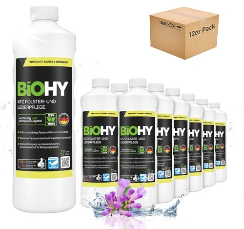 BiOHY KFZ Polster- & Lederpflege (12 x 1L) | Staubsaugerdüsen-Reiniger für Auto-Innenraum | Fleckenentferner für Sitze & Teppiche | biologisch abbaubar | Nass-Sauger