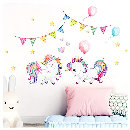 Little Deco Wandtattoo Einhörner mit Ballons & Herzen DL533 M - 89 x 60 cm (BxH)