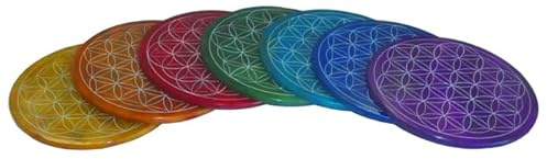 WORU Untersetzer Speckstein 7 Chakren – 7er Set, handgefertigt | Untersetzer-Set aus Speckstein in 7 Chakra-Farben, Ø ca. 10 cm, für Gläser, Tassen und Flaschen
