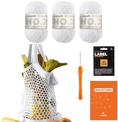 myboshi Häkelset Einkaufstasche noplasticbag, inkl. No.2 Wolle, Nadel und Anleitung, Häkelpaket, 85% Baumwolle, 15% Kapok Weiß mit Häkelnadel