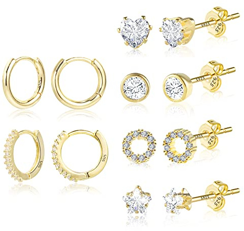 6/12 Paar Multipack Ohrringe Silber 925 Creolen Gold Ohrstecker Kleine Set | Multipack Stapelbar Ohrringe Set Damen Frau Kleine Knorpel Huggie Kreolen Creolen Eckig Oval Herz Ohrstecker mit Zirkon Stein