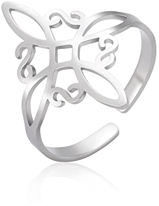 Dreamtimes Anillo de nudo de bruja para mujer de acero inoxidable, ajustable abierto para dedo celta cuaternario Wiccan brujas nudo amuleto de brujería joyería regalo de cumpleaños (plata)