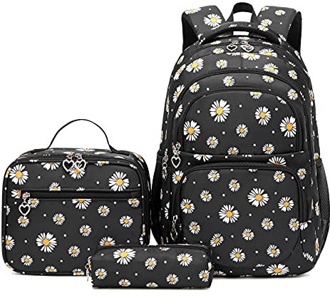 SIVENKE Schulrucksack Mädchen Teenager Damen Schultasche Rucksack Set Gänseblümchen Schulranzen für Mädchen Schule Freizeit mit Lunchpaket Tasche und Mäppchen