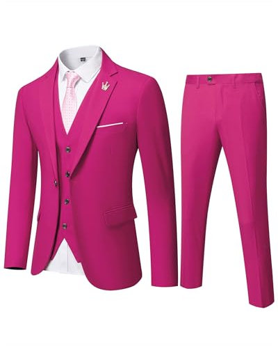 Hihawk Traje de 3 Piezas para Hombre con Tela elástica, sólido Ajuste Delgado, un botón, Chaqueta y Pantalones con Corbata., Fucsia, Medium