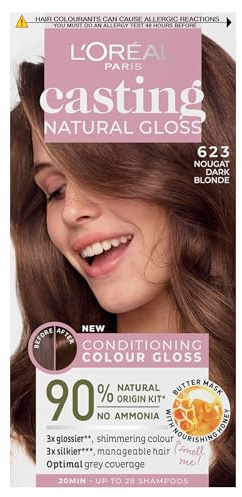 L'Oreal Paris Semi-permanente Haarfarbe ohne Ammoniak 623 Nougat Dunkelblond Honig Glänzende Haartönung, natürliches Finish für bis zu 28 Shampoos, Casting Natural Gloss, 1