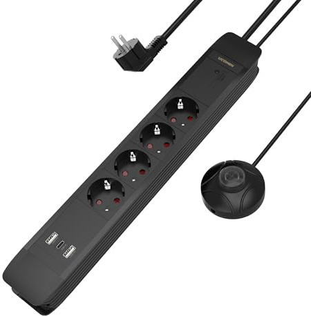 UCOMEN Steckdosenleiste mit Fußschalter, Mehrfachsteckdose 4-Fach mit Comfort Switch,20W USB A und C,1,5M Cord, 16A/3680W