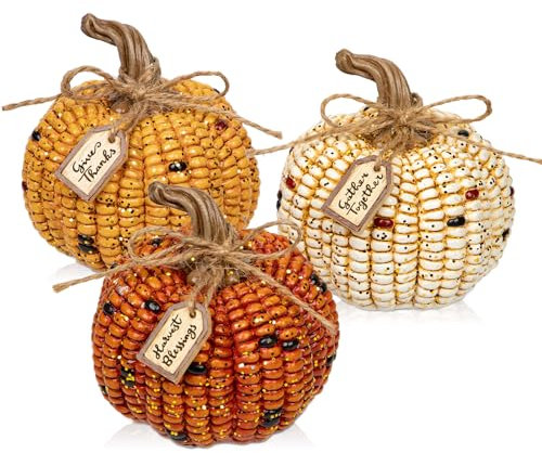 Oairse Pumpkins Fall Decoration, 3PCS Decorative Corn Cob Pumpkins Resin Fake Pumpkin Autumn Home Rustic Decor for Thanksgiving Harvest Halloween Table Centerpieces Shelf Indoor Outdoor Porch