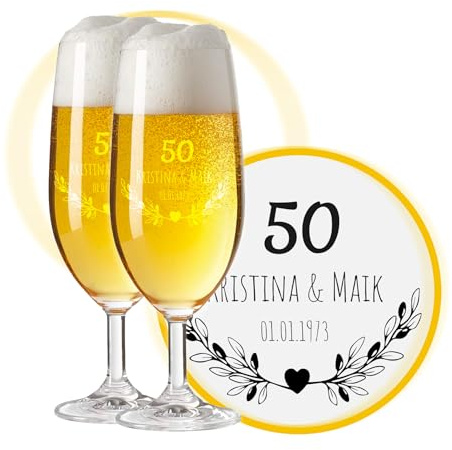 LALALO Biergläser mit Gravur zum 50. Hochzeitstag, Geschenk zur Goldenen Hochzeit, Leonardo Pils Biertulpe personalisiert, Jahrestag (Ringliebe)
