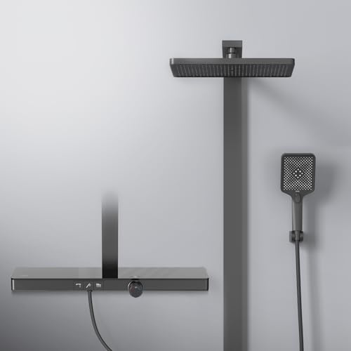 EMKE Duschsystem mit Thermostat, Sicherheitsschloss, Regendusche mit Wasserhahn, 3 Strahlarten, Handbrause, Duschsystem, Mattschwarz