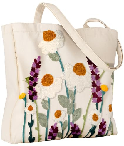 Miss Adola Embroidery Tote Bag for Women - Lady Aesthetic Reusable Canvas Shoulder Bag Cute 3D Wild Flowers Spring Summer Design Cloth Tote for Shopping, Work, Travel, Vacation