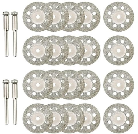 20Pcs Diamond Cutting Disc, Drill Cutting Disc, Dremel Metal Cutting Discs, Cutting Discs with 4 Pcs 3mm Mandrel, for Rotary Tool Precious Stones, Marble, Metal, Glass, Ceramics Cutting (8-hole, 22mm)