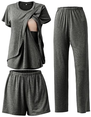 SUNNYBUY 3-teiliges Still-Pyjama-Set für die Zeit nach der Geburt, lässig, weich, Umstands-Pyjama, Nachtwäsche, Loungewear, Kleidungsschicht, Dunkelgrau M