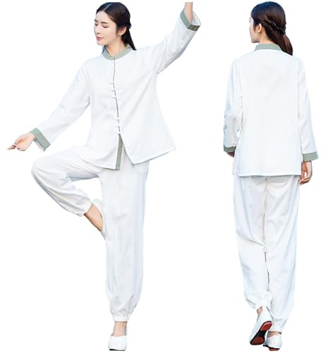 DAYKET Ropa de Tai Chi para Mujer, Conjunto de Ropa de Meditación Zen, Ropa de Kung Fu Chino, Traje de Tai Chi de Artes Marciales,White-M